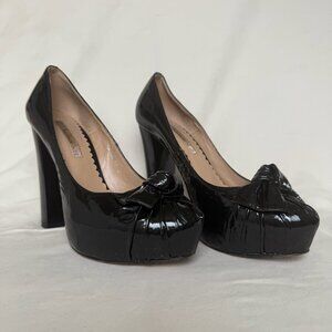 Bedenni Black Patent Leather Bow Detail High Block Heel Platform Pump Size 6